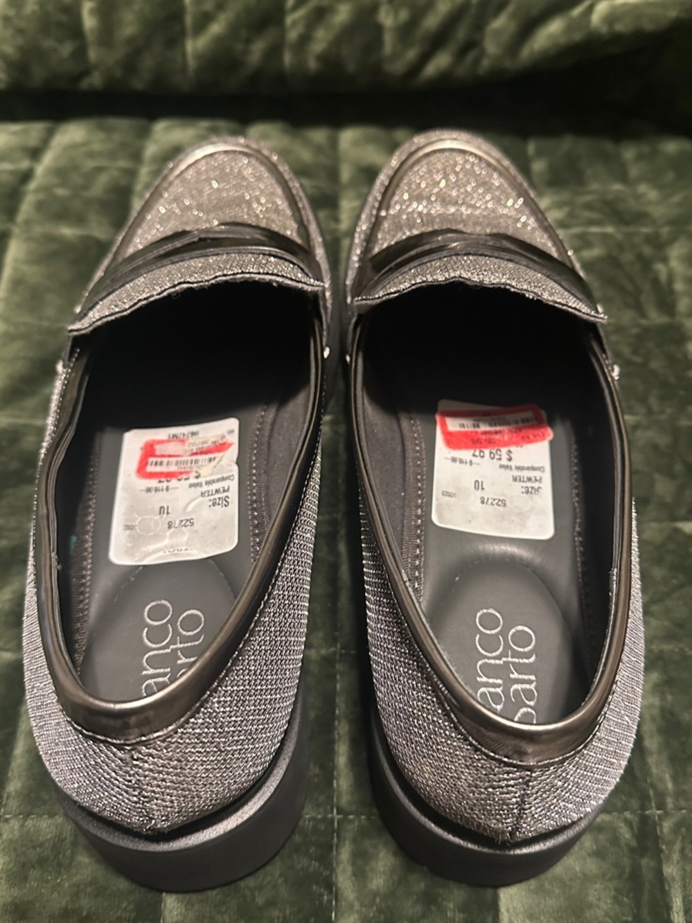 Franco Sarto Silver Metallic Knit Penny Loafers - Picture 2 of 12